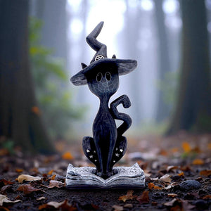 Mystical Gothic Black Cat Figurine on Open Spell Book Wiccan Altar Decor