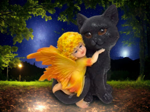 Adorable Fairy with Black Cat Companion Sculpture Figurine Fantasy Fairies Statue-OsirisTradingUK