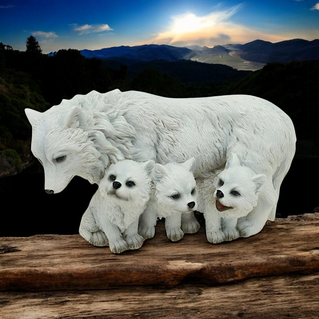 Arctic White Wolf & Cubs Pups Figurine Statue Wildlife Statue Home Decor Ornament