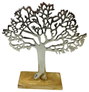 Contemporary Silver Tree Decor - Metal Ornament with Wooden Base, Perfect Gift