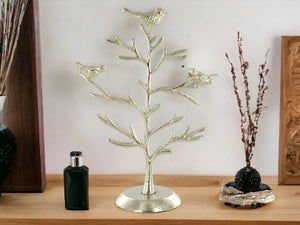 Elegant Silver Jewelry Tree with Birds, Aluminium Jewellery Organizer, Chic Bird Branch Display, Decorative Metal Accessory Stand Home Decor-OsirisTradingUK