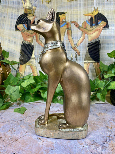 Elegant Egyptian Bastet Cat Statue, 24cm Golden Resin Figurine, Bast Goddess of Protection, Luxurious Ancient Egypt Decor, Symbolic Home Ornament-OsirisTradingUK