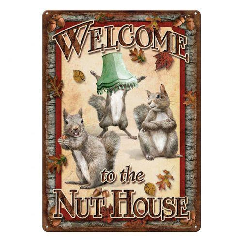 Rustic Vintage Metal Sign - Squirrels Welcome to the Nut House House Warming Gift Country House Wall Decor-OsirisTradingUK