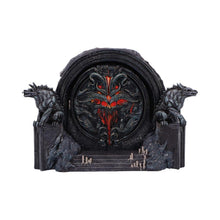 Load image into Gallery viewer, Diablo IV Hell&#39;s Gate Box Gothic Fantasy Storage with Wolves and Red Glowing Door
