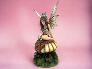 Whimsical Woodland Fairy Statue on Toadstool - Enchanted Forest Resin Figurine, Nature-Inspired Decor