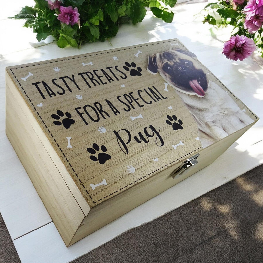 Tasty Treats Wooden Box for a Special Pug – Dog Treat Storage, Christmas Pet Gift, Wooden Pet Treat Box for Dog Lovers