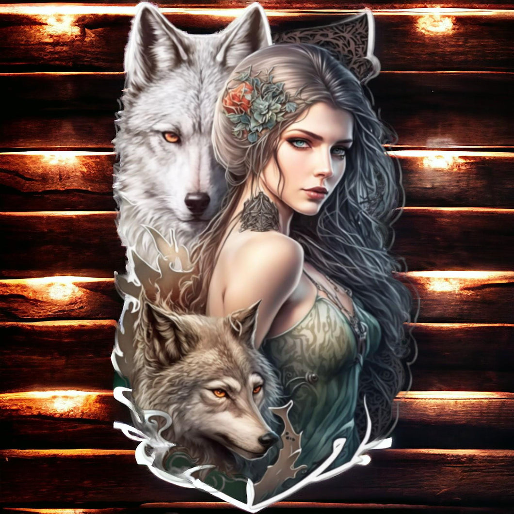 Mystical Wolf and Maiden Metal Wall Sign - Enchanting Forest-Themed Art, Perfect for Home Decor and Fantasy Enthusiasts-OsirisTradingUK
