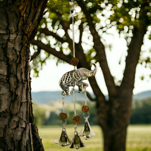 Ethnic Elephant Wind Chime | Spiritual Rudraksha Beads | Meditation Garden | Harmonious Bells | Cultural Home Accent | Feng Shui Balancing-OsirisTradingUK
