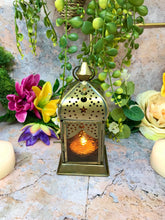 Load image into Gallery viewer, Moroccan Style Brass Lantern Antique Multicoloured Glass Tea Light Candle Holder Home Decoration
