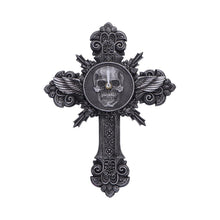 Load image into Gallery viewer, Horas Gothic Wall Clock Skull Cross Wings Silver Dark Fantasy Halloween Decor
