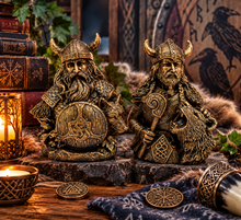 Laden Sie das Bild in den Galerie-Viewer, Pair Viking Warrior Wolf Bust Statues Norse Mythology Nordic Figurines 13cm
