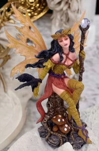 Autumn Enchantress Fairy with Raven Companion Figurine, Mystical Forest Decor, Sorceress Statue, Unique Fantasy Art, Gothic Home Accent