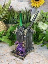 Load image into Gallery viewer, Fabulous Purple Dragon Pen Pot Handcrafted Resin 11 cm Tall Fantasy Office
