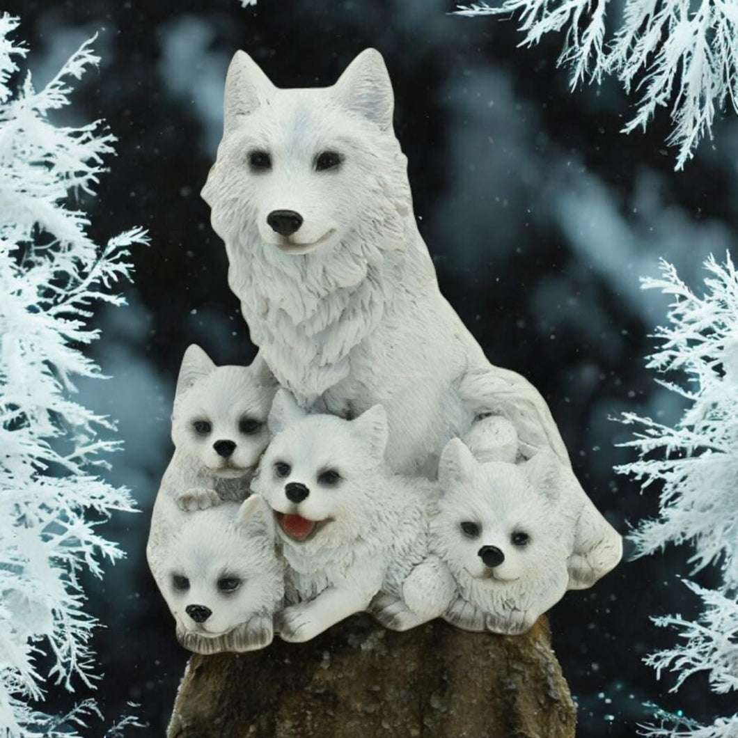 White Wolf & Pups Resin Figurine 12cm – Adorable Family Pack Statue for Wildlife Lovers