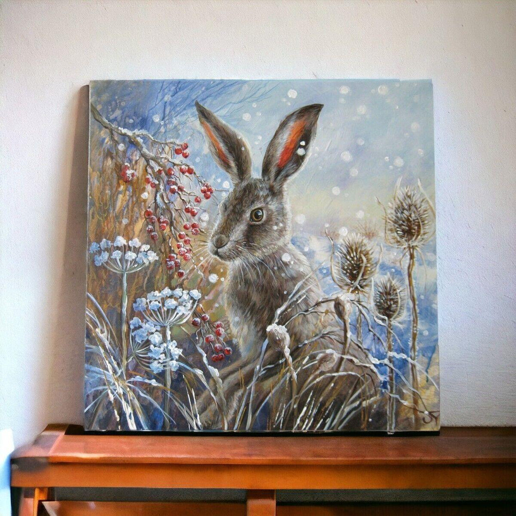 Winter Hare Ceramic Art Tile Judith Yates Original Illustration Rustic Wildlife-OsirisTradingUK