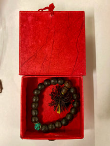 Tibetan Bodhi Seed Wrist Mala Bracelet, Authentic Handmade Buddhist Prayer Beads & Turquoise Marker, Encased in Unique Friendship Knot Box