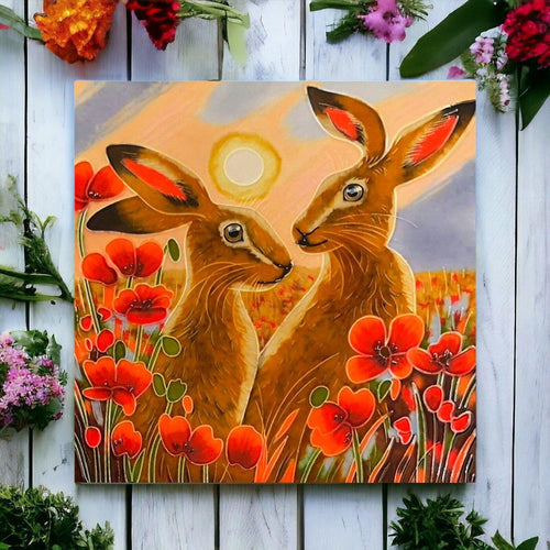 Romantic Sharing Sundown Ceramic Tile Judith Yates Intimate Hare Duo in Sunset-OsirisTradingUK