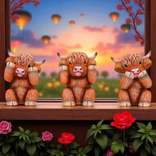 Load image into Gallery viewer, Highland Cow Three Wise Statues Cute Farm Animal Figurines Scottish Gift Home
