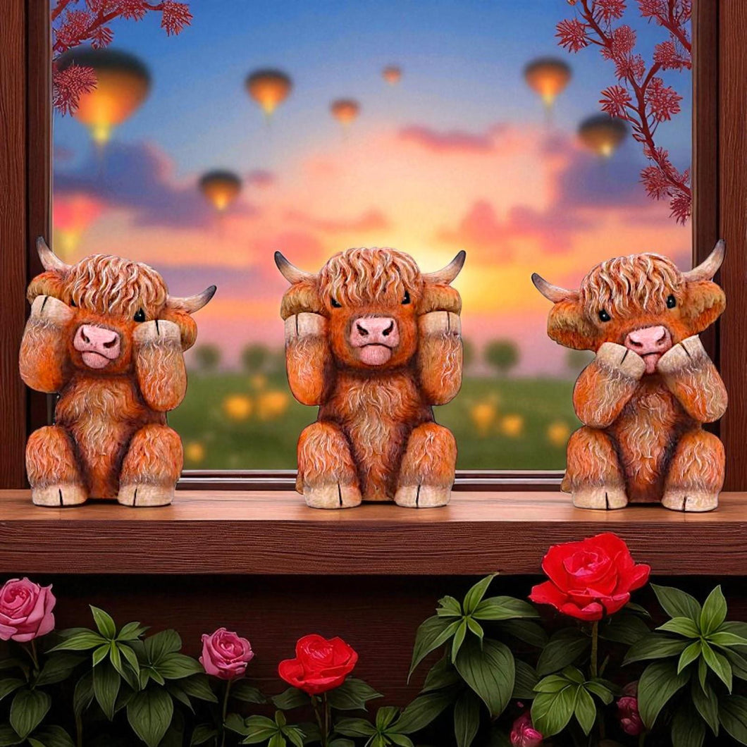 Highland Cow Three Wise Statues Cute Farm Animal Figurines Scottish Gift Home