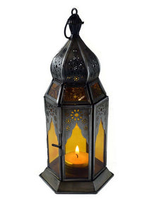 Moroccan Style Lantern Zinc Antique Amber Glass Tea Light Candle Holder Home Decoration