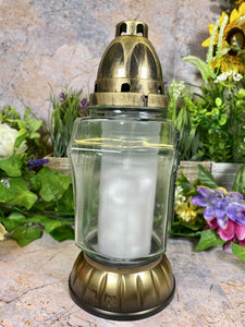 Handmade Glass Grave Candle Holder – 26x11 cm with Cross Design, Eternal Light Memorial, Spiritual Cemetery Decor, Sacral Vigil Light