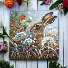 Load image into Gallery viewer, Winter Flurry Hare Ceramic Tile Judith Yates Wildlife Art Cosy Winter Wall Decor-OsirisTradingUK

