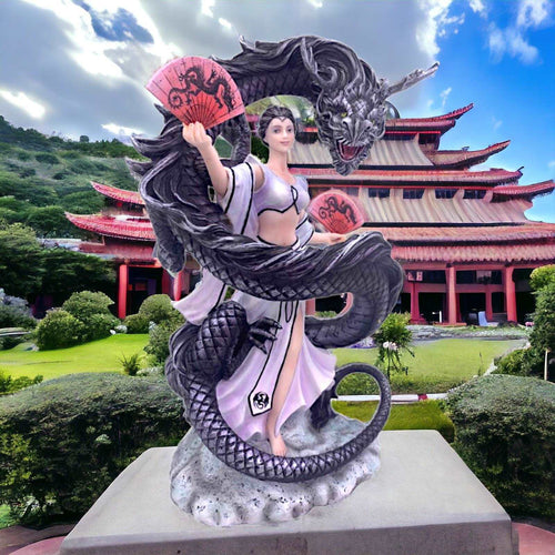 Anne Stokes Collection | Oriental Dragon Mistress Figurine | Asian-Inspired Mythical Fantasy Sculpture | Elegant Geisha with Black Dragon-OsirisTradingUK