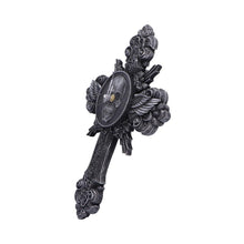 Load image into Gallery viewer, Horas Gothic Wall Clock Skull Cross Wings Silver Dark Fantasy Halloween Decor
