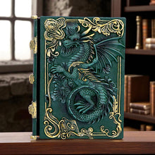 Load image into Gallery viewer, Fantasy Dragon Grimoire Gothic Spell Book Journal with Green Sculpted Cover
