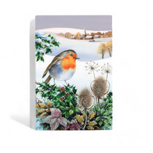 Load image into Gallery viewer, &quot;Robin Snowy Fields Ceramic Wall Art Tile by R. Fathers 30x20 cm – Winter Wildlife Decor, Christmas Robin Gift&quot;
