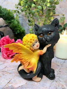 Adorable Fairy with Black Cat Companion Sculpture Figurine Fantasy Fairies Statue-OsirisTradingUK