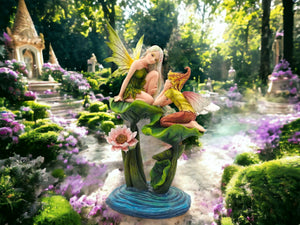Whimsical Woodland Fairy Siblings Figurine | Enchanting Forest Children & Lotus | Handcrafted Resin Decor | Fantasy Art Piece
