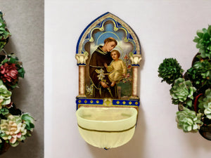 St. Anthony & Child Wall Water Font – Vintage Plastic Holy Water Holder with Gold Foil Accents, Spiritual Home Decor