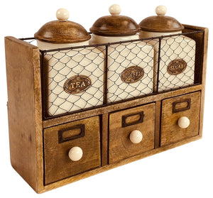 Rustic Wooden Tea Coffee Sugar Storage Rack with Ceramic Jars and Drawers - Wall Mountable
