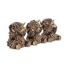 Load image into Gallery viewer, Three Wise Highland Cow Figurines Gold Farm Animal See Hear Speak Set
