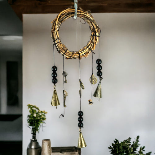 Enchanted Wicker Tree of Life Protection Bells - Rustic Witch's Wind Chime with Metal Charms - Spiritual Home Decor for Positive Energy-OsirisTradingUK
