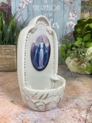 Porcelain Our Lady of the Miraculous Virgin Mary Water Font | Elegant Religious Decor | Holy Water Vessel | 13.5 cm-OsirisTradingUK