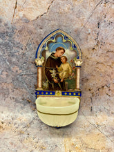 Load image into Gallery viewer, St. Anthony &amp; Child Wall Water Font – Vintage Plastic Holy Water Holder with Gold Foil Accents, Spiritual Home Decor
