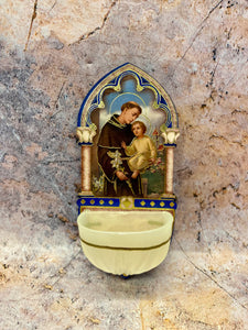 St. Anthony & Child Wall Water Font – Vintage Plastic Holy Water Holder with Gold Foil Accents, Spiritual Home Decor