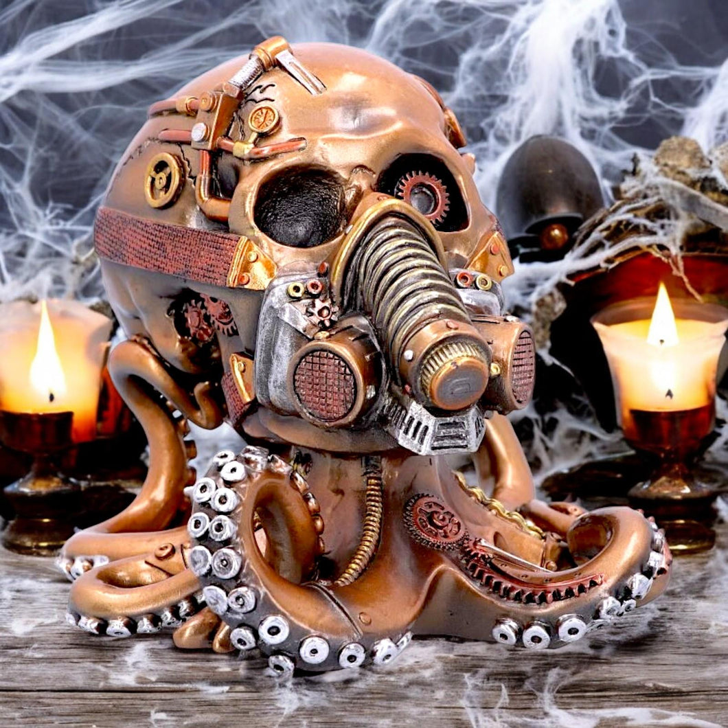 Gothic Steampunk Octopus Skull Figurine Respiration Gears & Gas Mask Ornament