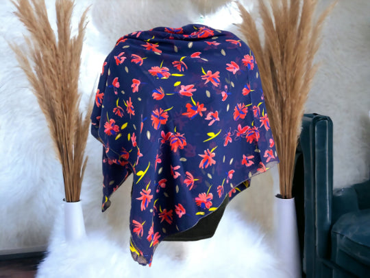 Vibrant Floral Rayon Scarf | Bold Red & Yellow Blooms on Navy | Soft Square Accessory | 100x100cm | Fashionable Wrap for All Seasons-OsirisTradingUK