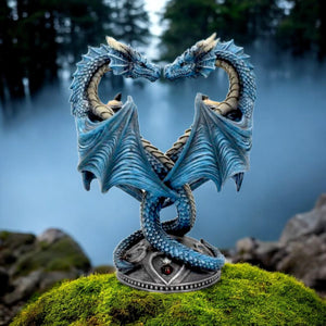 Anne Stokes Dragon Heart Statue - Resin Fantasy Decor, Blue Twin Dragons in Heart Shape