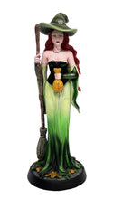 Load image into Gallery viewer, Prosperity Fantasy Witch Figurine with Broom and Gold Bag Gothic Wiccan Statue
