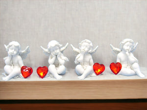 Cherubic Sentinels with Crystal Hearts - Set of 4 Angelic Resin Cherubs, Captivating Love Guardians Home Decor