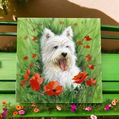 Adorable Westie in Poppies Ceramic Picture Tile | R. Fathers Art | 20 x 20 cm Wall Decor | West Highland White Terrier Gift | Dog Lover's Home Decor-OsirisTradingUK