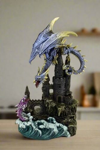 Majestic Dragon Statue with Castle - Handcrafted Fantasy Resin Sculpture - 27x20 cm - Unique Gift for Dragon Lovers