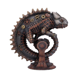 Mechanical Chameleon Steampunk Lizard Figurine 22.3cm | Hand-Painted Bronze Resin Collectible