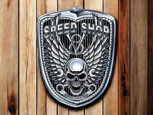 Biker's Emblem Metal Wall Sign - Speed Shop Skull & Wings, Motorcycle Garage Decor Plaque-OsirisTradingUK