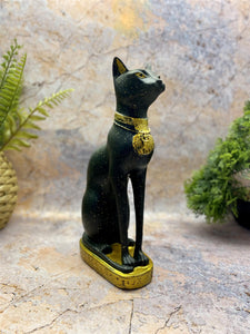 Regal Egyptian Bastet Cat Figurine, 24cm Resin Statue with Hieroglyphics, Ancient Egypt Goddess, Protective Home Ornament, Black and Gold Bast Decor
