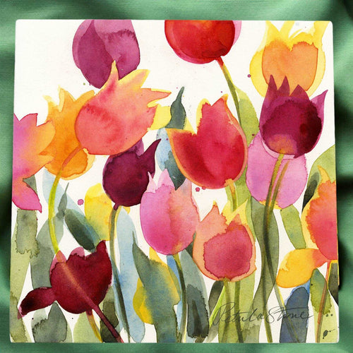 Colourful Tulips Ceramic Art Tile 20x20cm Wall Decor Plaque by P Stone - Ready to Hang